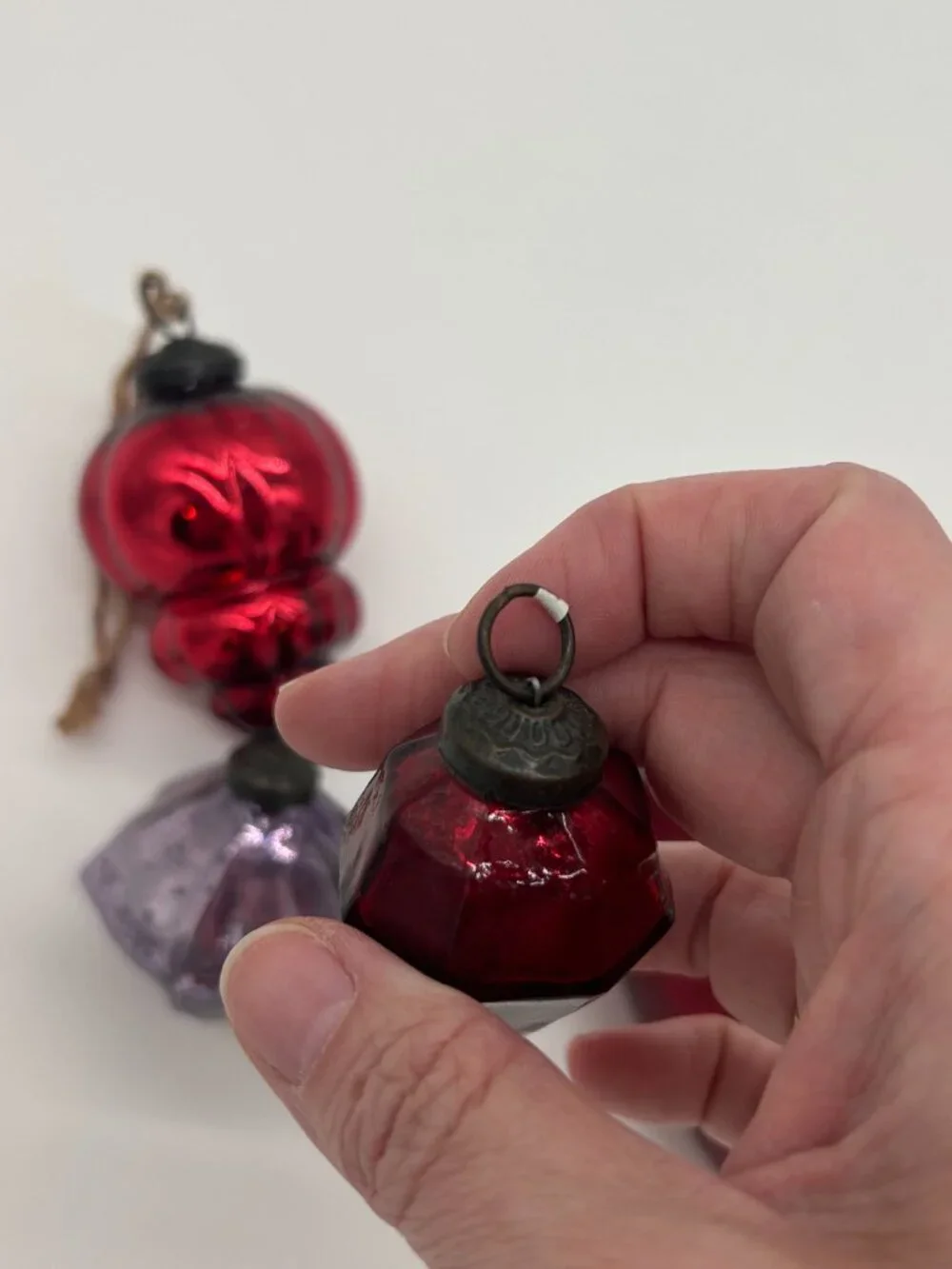 4 Vintage Kugel Style Glass Ribbed Teardrop Christmas Ornaments Red